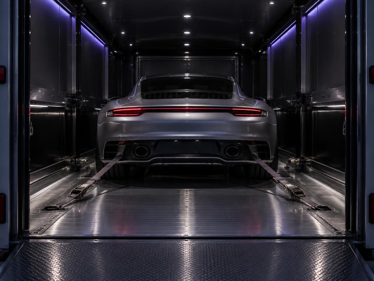 Silver sports car secured inside a clean enclosed transport trailer