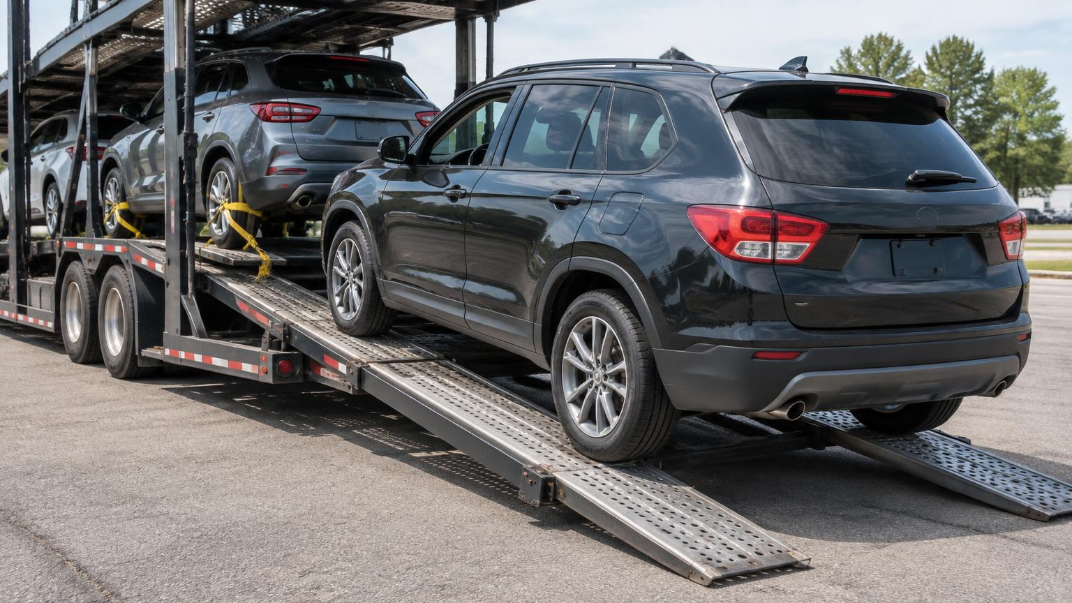 Vehicle being driven up the ramp of an open transport trailer