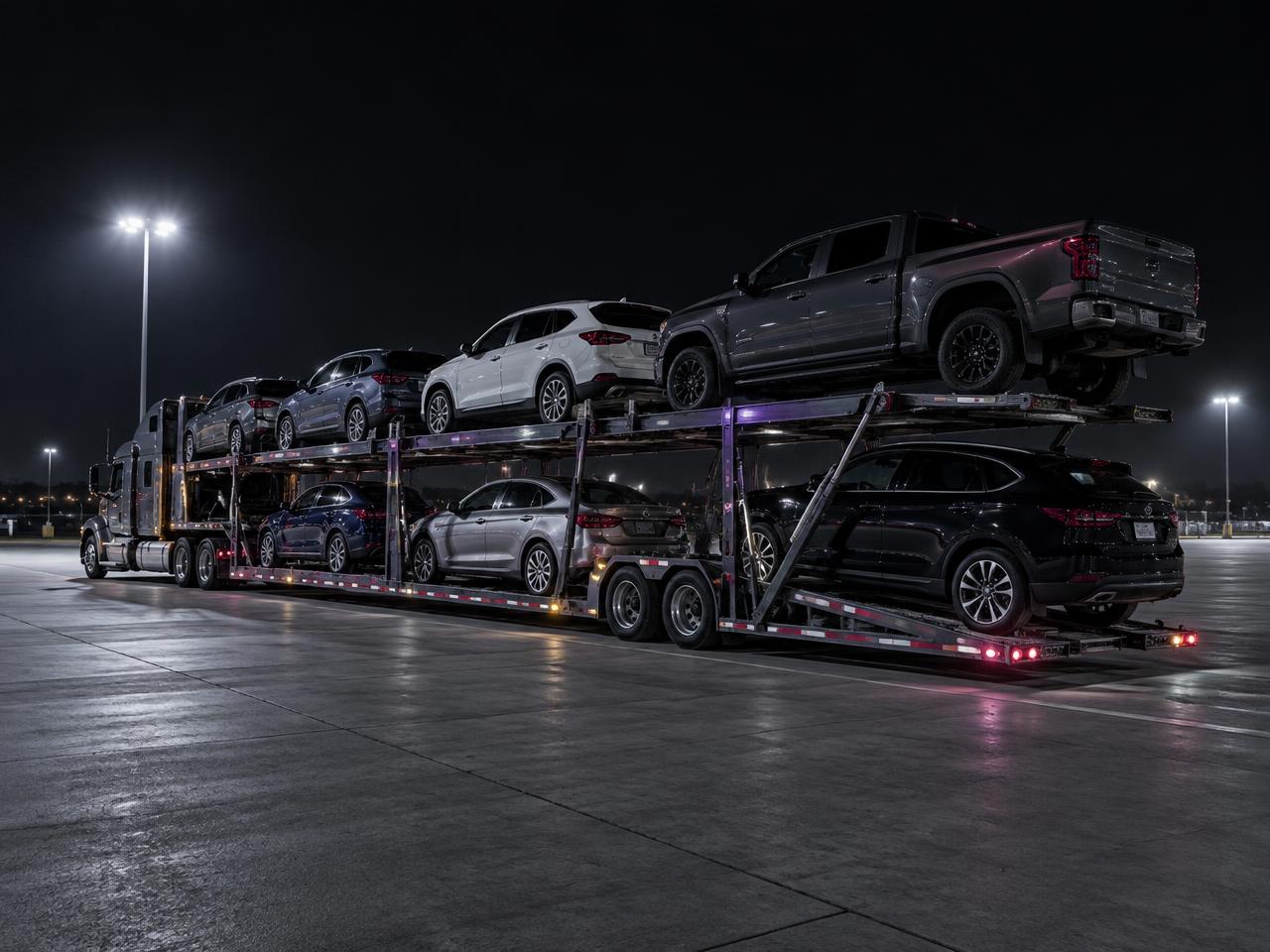Open two-level car carrier loaded with passenger vehicles at night